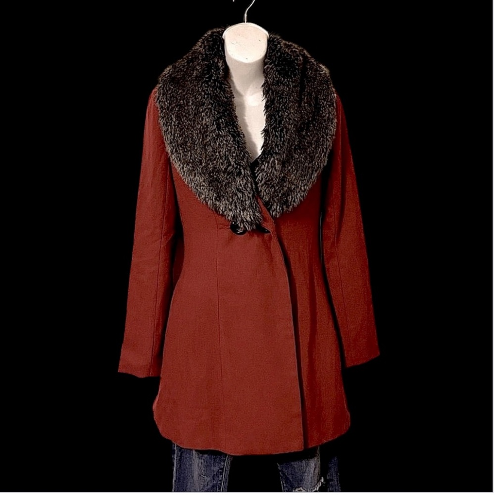 ark & co Rust Wool Blend Faux Fur Collar Women’s Penny Lane Tweed Trench Coat S